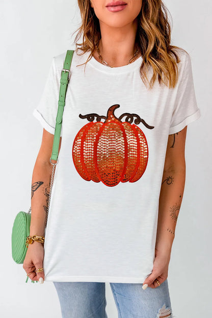 Full Size Sequin Pumpkin Round Neck Short Sleeve T-Shirt-Angel Casuals