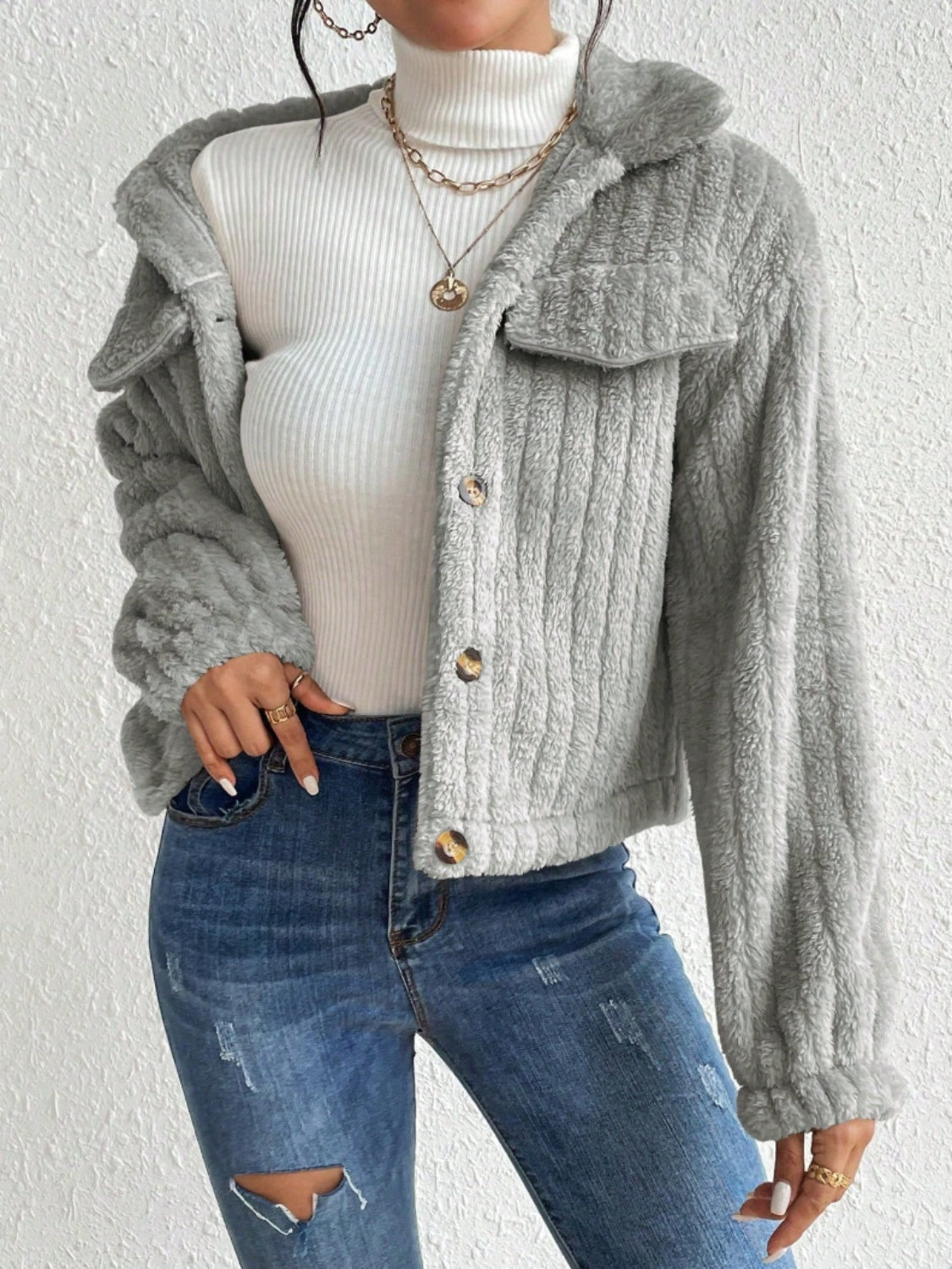 Fuzzy Button Up Collared Neck Jacket-Angel Casuals