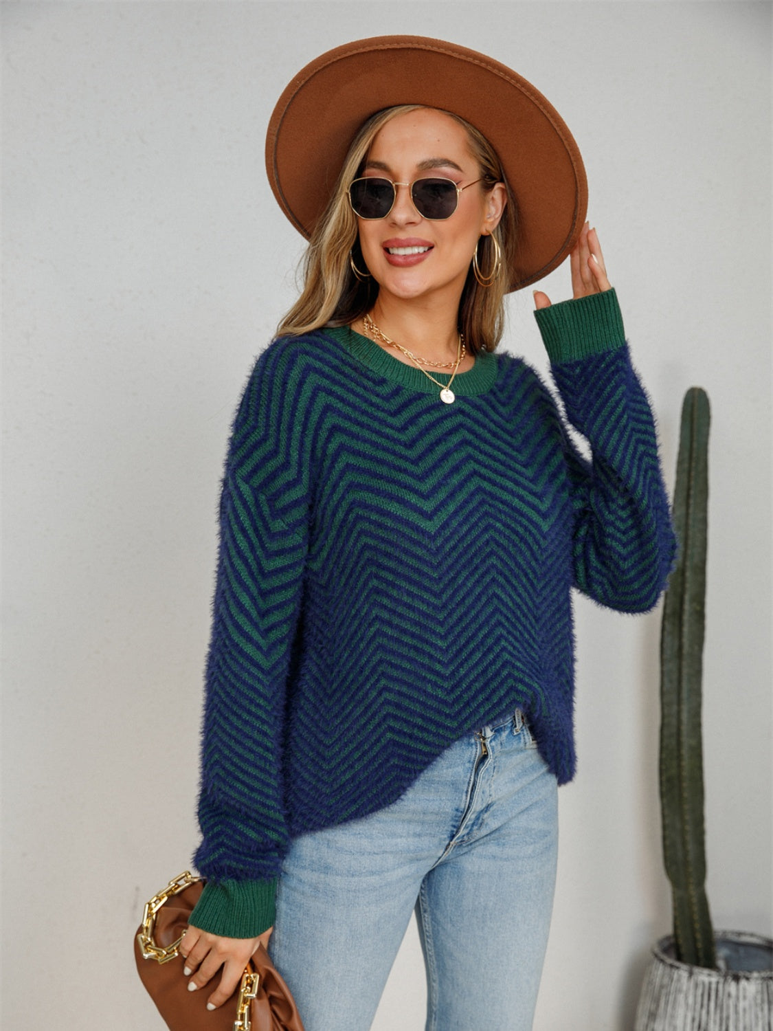 Angel Wings Striped Round Neck Dropped Shoulder Sweater-Angel Casuals