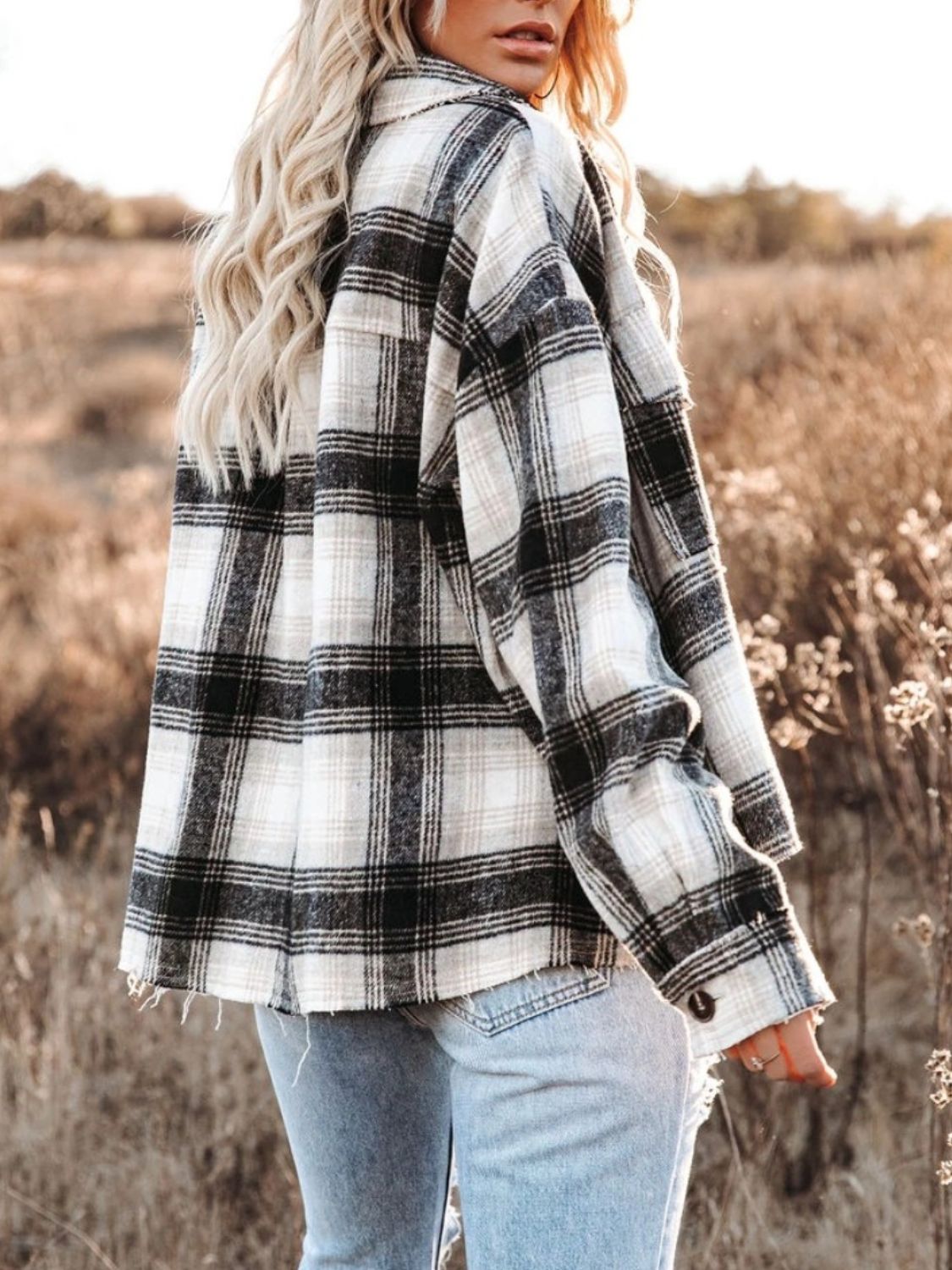 Pocketed Plaid Button Down Long Sleeve Shacket-Angel Casuals