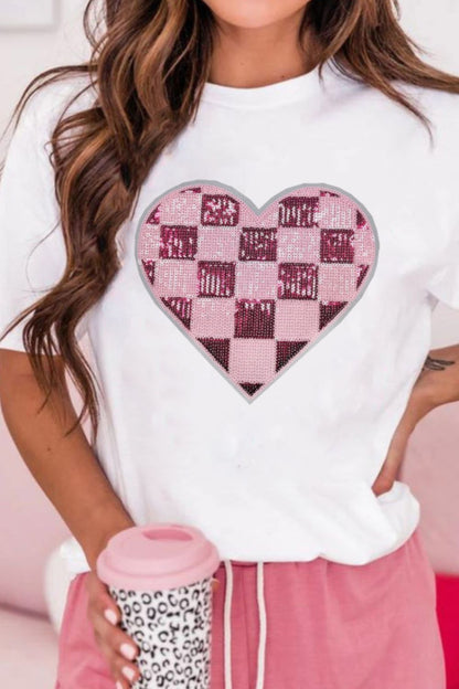 Sequin Checkered Heart Round Neck Short Sleeve T-Shirt-Angel Casuals