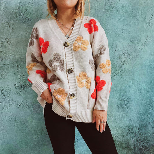 Floral V-Neck Button Up Cardigan with Pockets-Angel Casuals