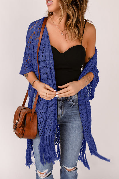 Openwork Open Front Cardigan with Fringes-Angel Casuals