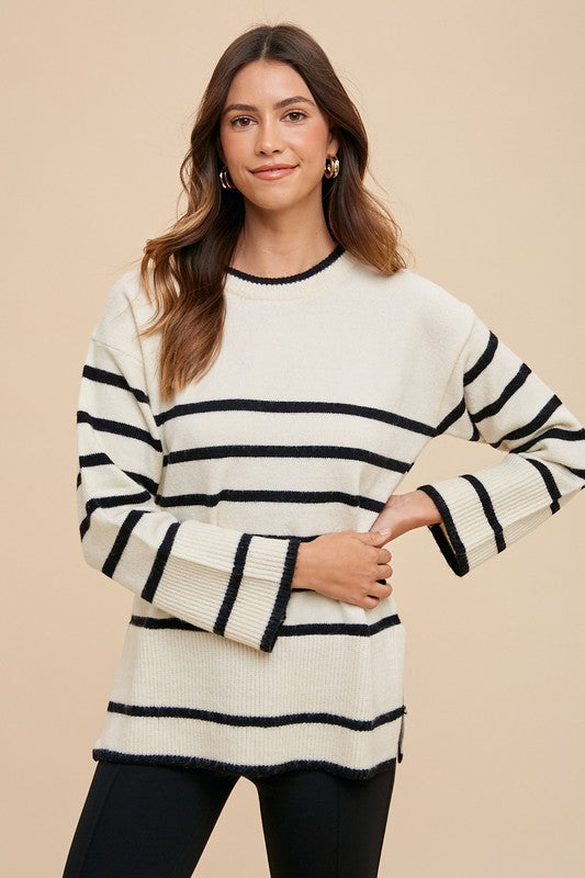 Annie Wear Side Slit Striped Round Neck Sweater-Angel Casuals