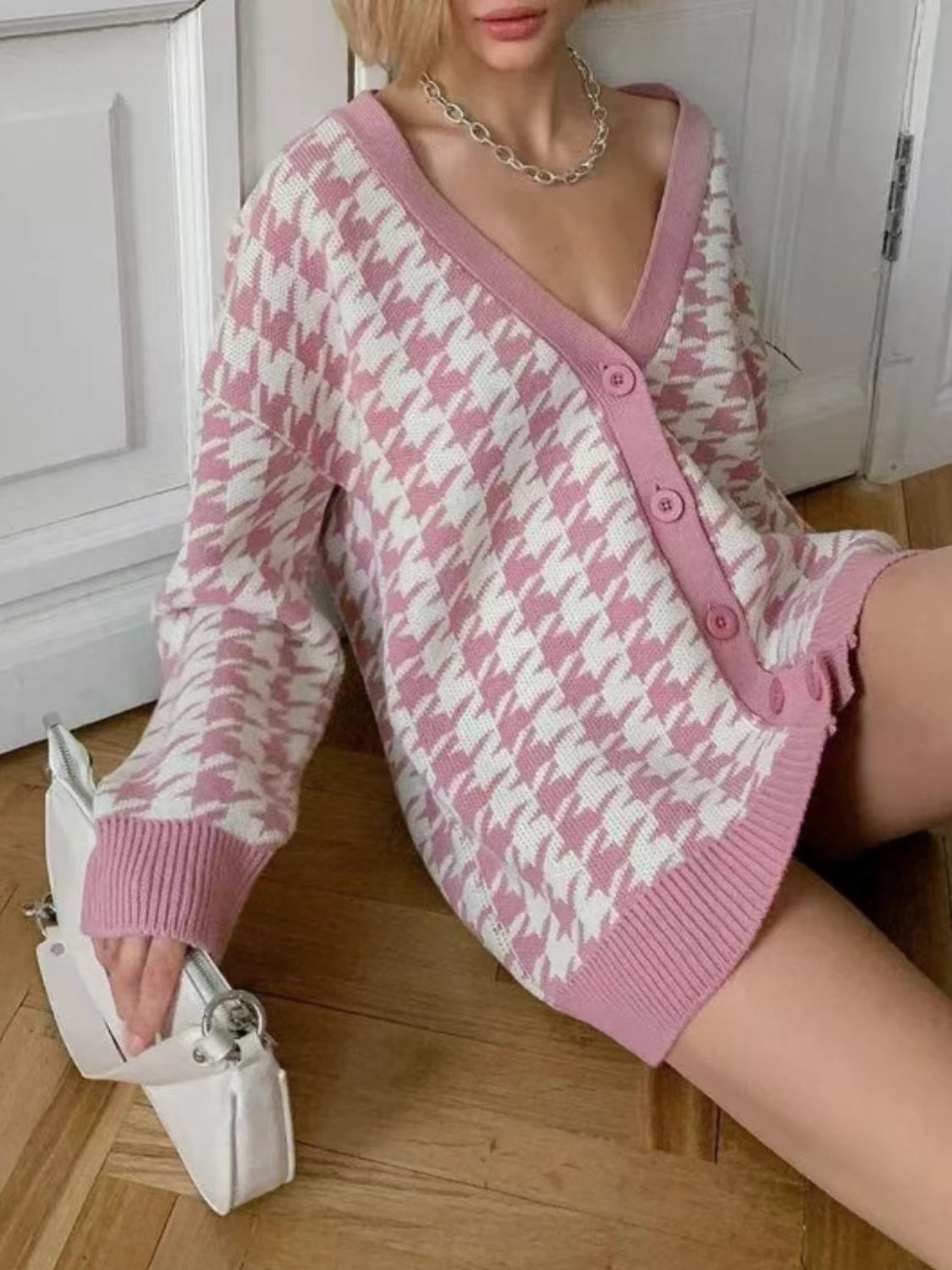 Houndstooth Button Up Long Sleeve Cardigan-Angel Casuals