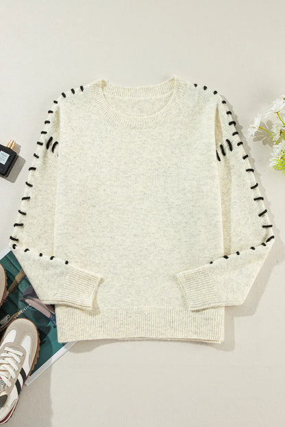 Contrast Round Neck Long Sleeve Sweater-Angel Casuals