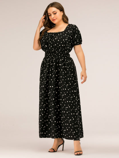 Plus Size Polka Dot Square Neck Dress-Angel Casuals