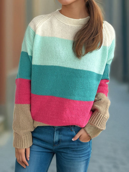 Color Block Round Neck Long Sleeve Sweater-Angel Casuals