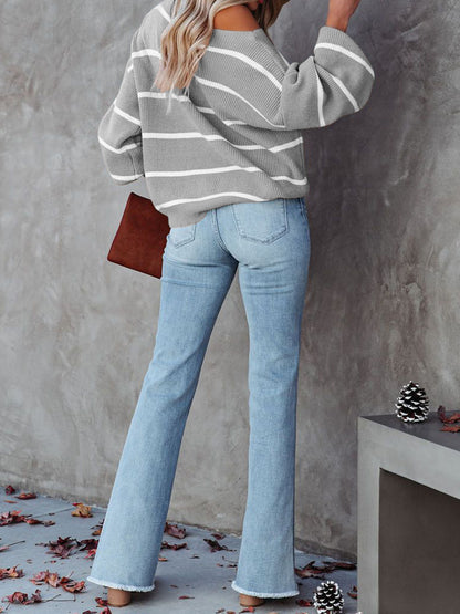 Striped Dropped Shoulder Pullover Sweater-Angel Casuals