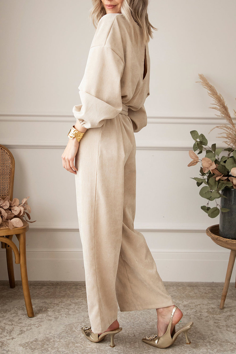 V-Neck Tie Waist Wide Leg Jumpsuit-Angel Casuals