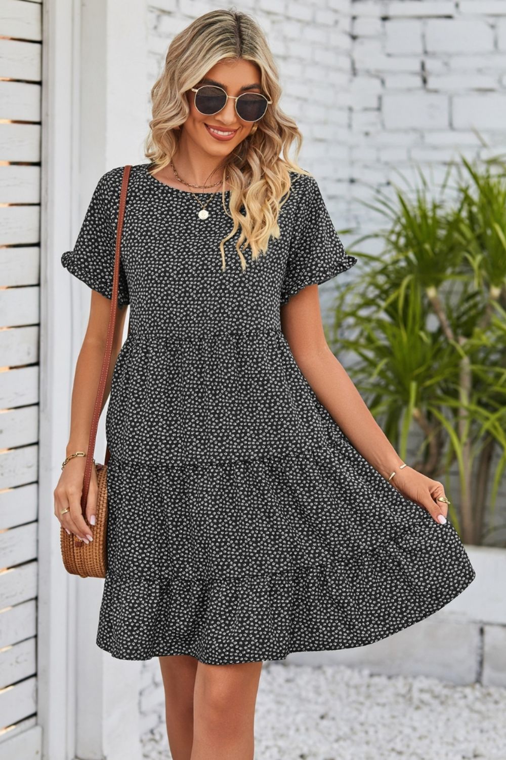 Polka Dot Round Neck Tiered Dress-Angel Casuals