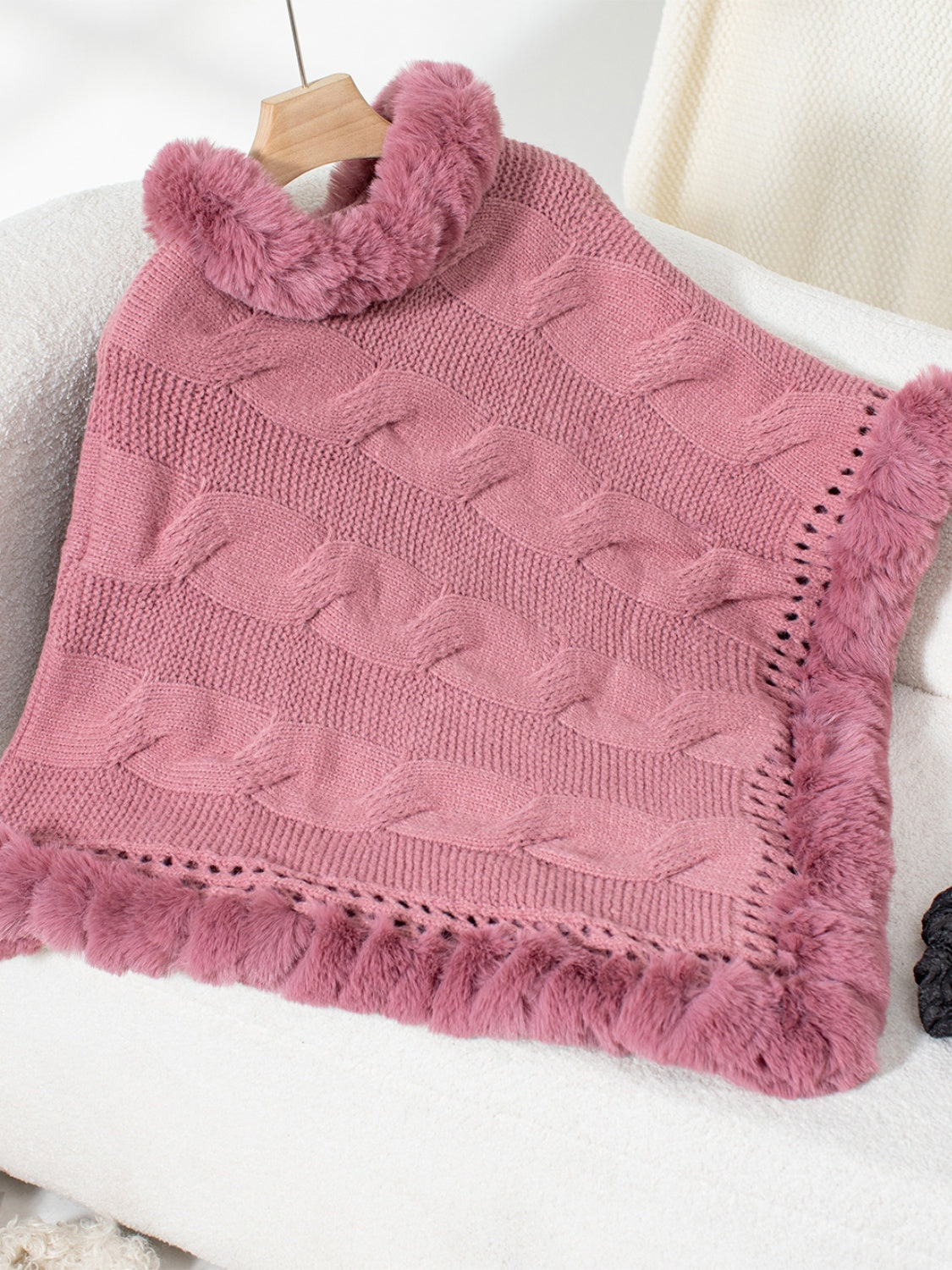 Fuzzy Hem Cable-Knit Poncho-Angel Casuals