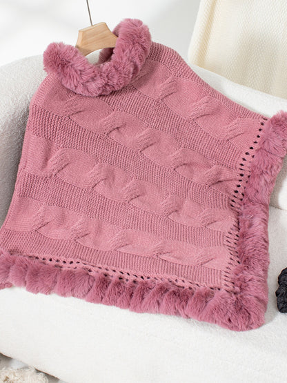 Fuzzy Hem Cable-Knit Poncho-Angel Casuals