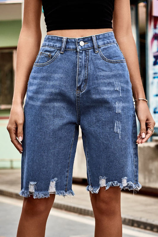 Raw Hem High Waist Denim Shorts with Pockets-Angel Casuals