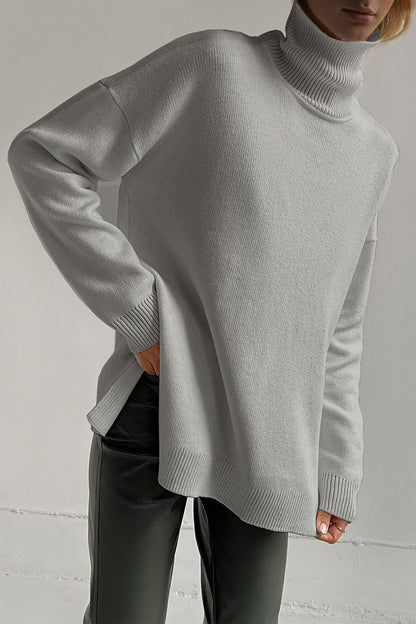 Basic Bae Side Slit Turtleneck Dropped Shoulder Sweater-Angel Casuals