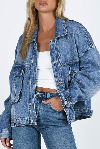 Collared Neck Button Up Denim Jacket-Angel Casuals