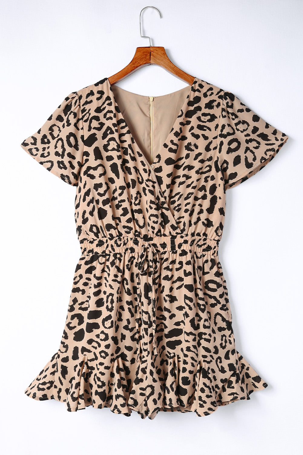 Leopard Flutter Sleeve Ruffle Hem Romper-Angel Casuals