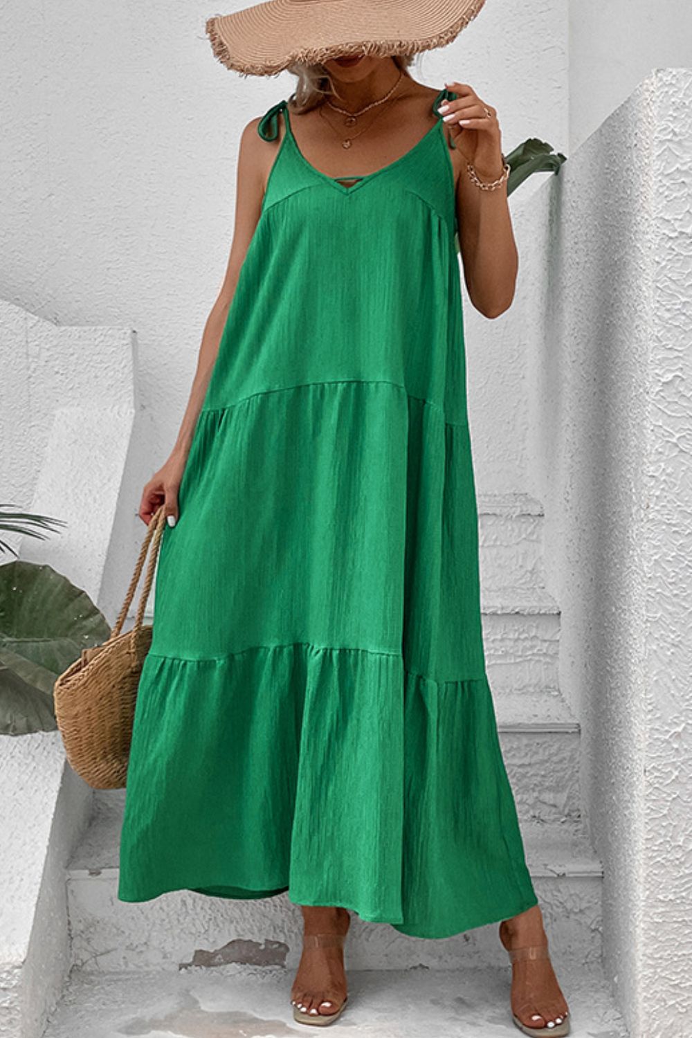 Tie-Shoulder Tiered Maxi Dress-Angel Casuals