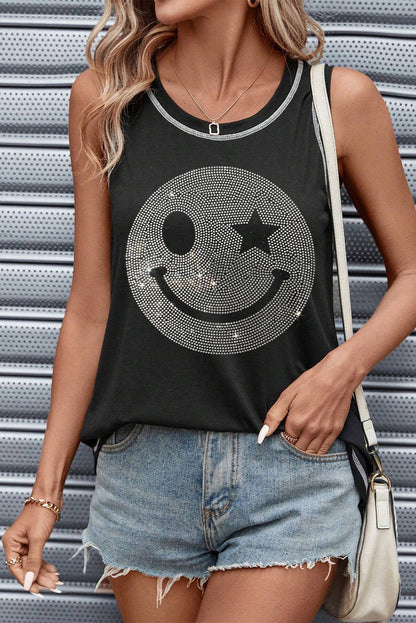 Rhinestone Smile Face Round Neck Tank-Angel Casuals