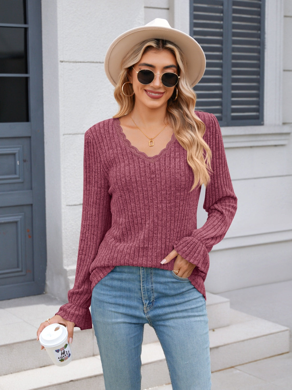 Lace Detail V-Neck Long Sleeve T-Shirt-Angel Casuals