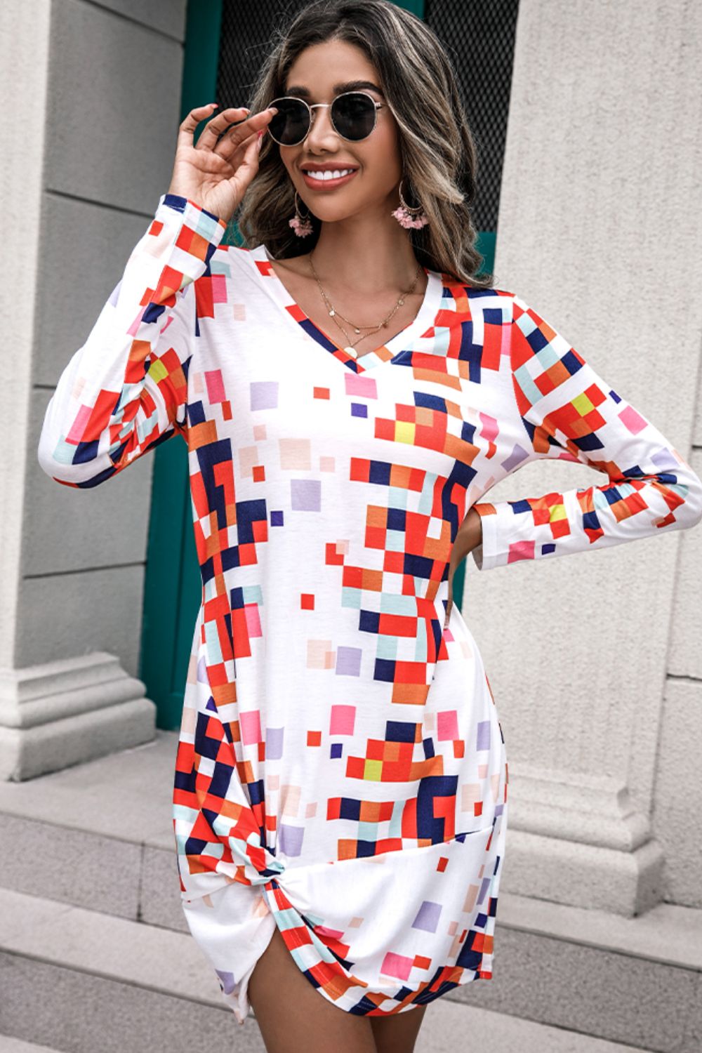 Rainbow Checker Twisted Long Sleeve Dress-Angel Casuals