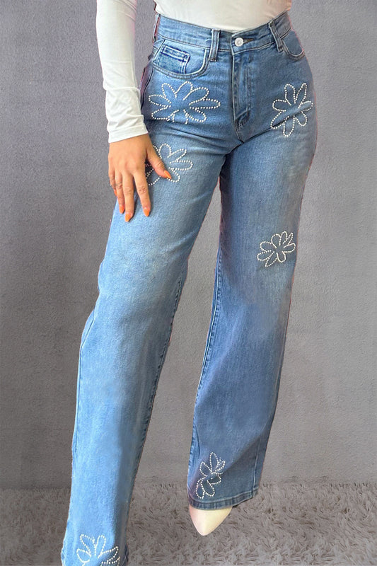 Rhinestone Straight Jeans with Pockets-Angel Casuals