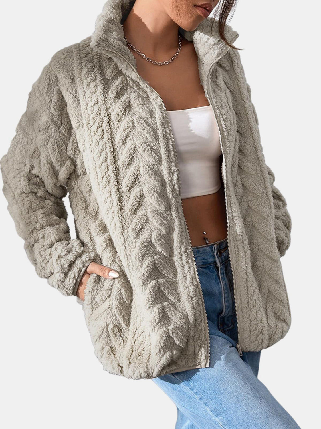 Fuzzy Zip Up Long Sleeve Jacket-Angel Casuals