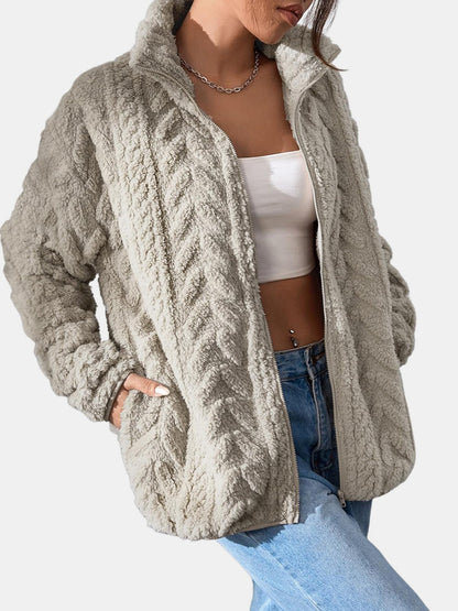 Fuzzy Zip Up Long Sleeve Jacket-Angel Casuals
