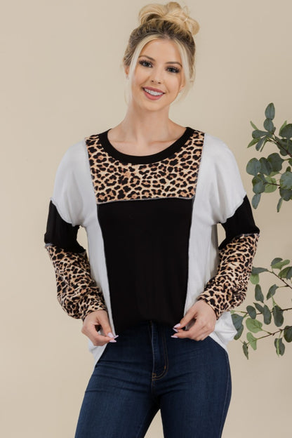 Celeste Full Size Leopard Color Block Exposed Seam T-Shirt-Angel Casuals