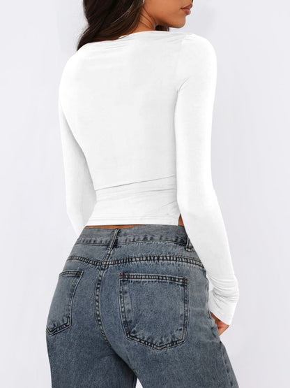 Tied Slit Round Neck Long Sleeve T-Shirt-Angel Casuals