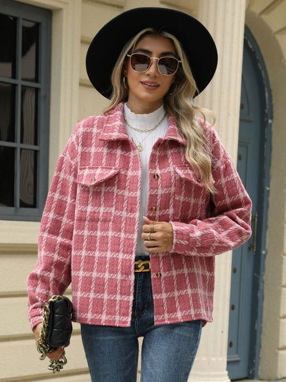 Plaid Collared Neck Long Sleeve Jacket-Angel Casuals