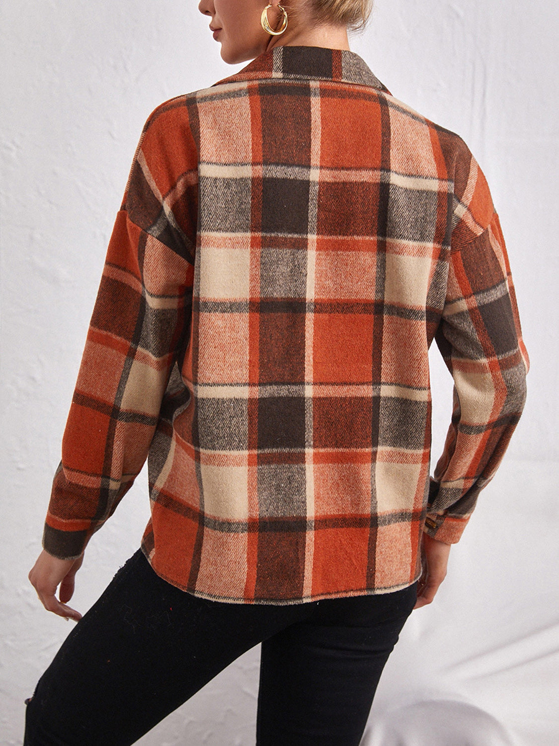 Plaid Collared Neck Button Down Jacket-Angel Casuals