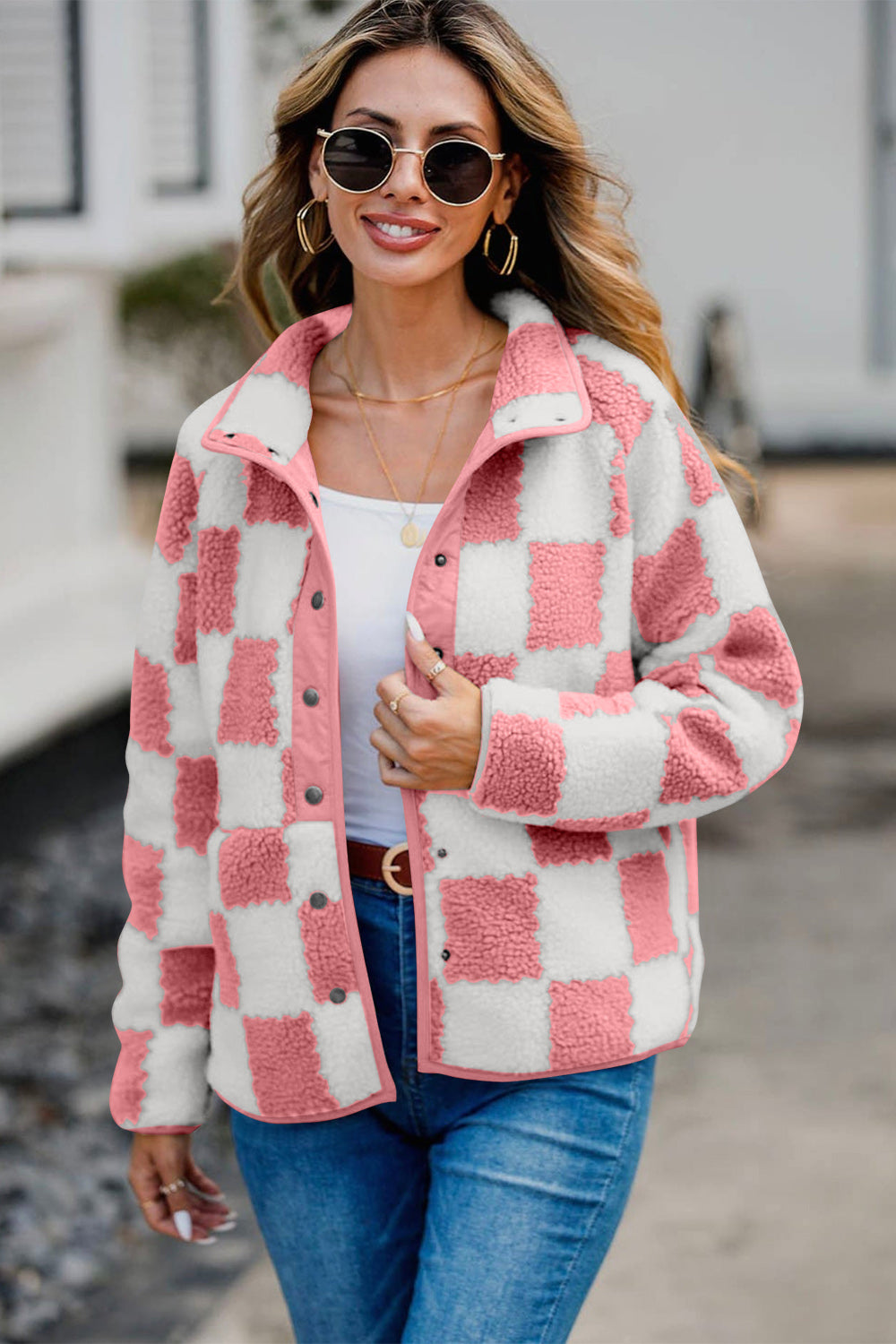 Checkered Snap Down Long Sleeve Teddy Jacket-Angel Casuals