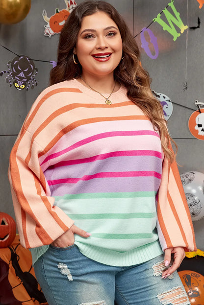 Plus Size Striped Round Neck Long Sleeve Sweater-Angel Casuals