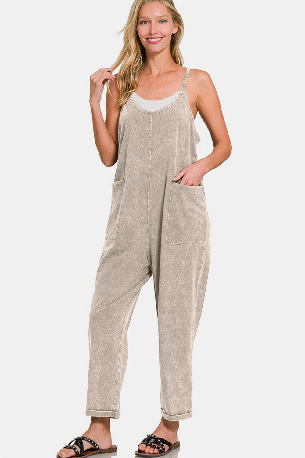 Zenana Washed Spaghetti Straps Overalls with Pockets-Angel Casuals