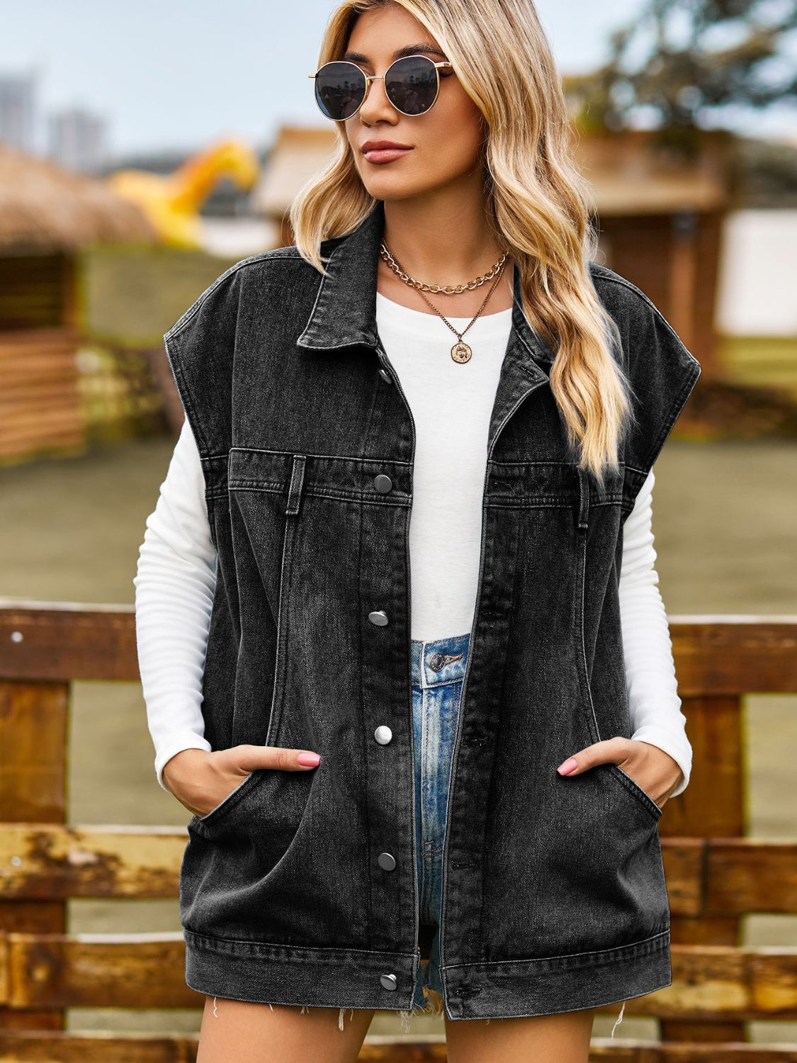 Button Up Collared Neck Sleeveless Denim Jacket-Angel Casuals