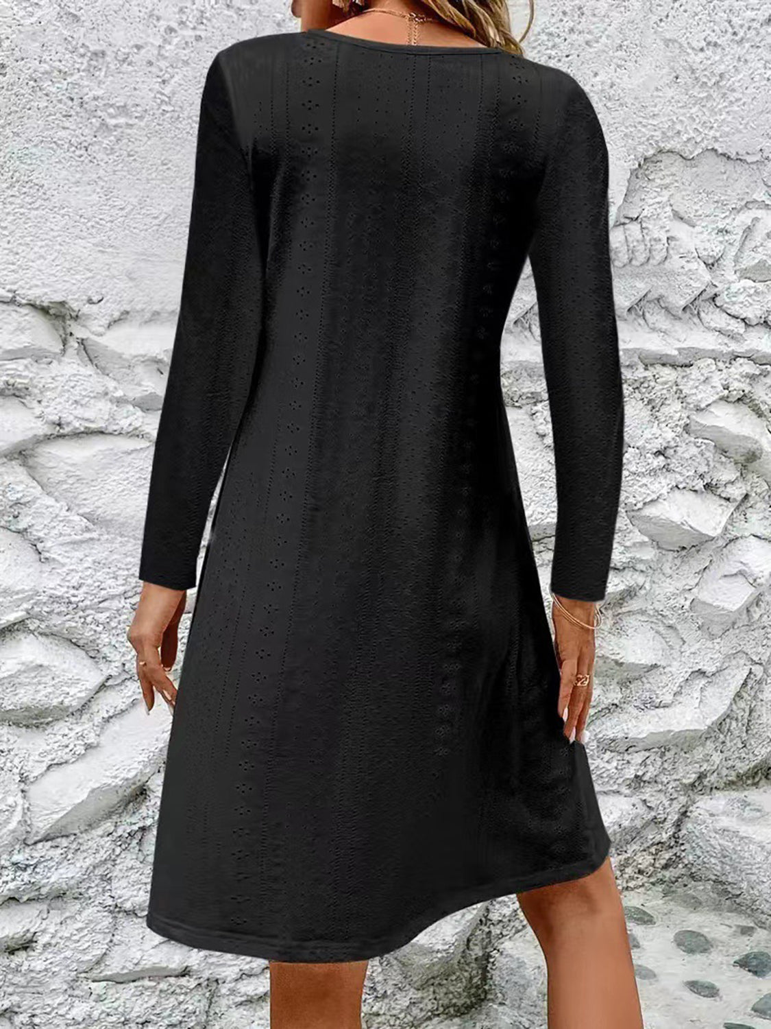 Eyelet V-Neck Long Sleeve Mini Dress-Angel Casuals