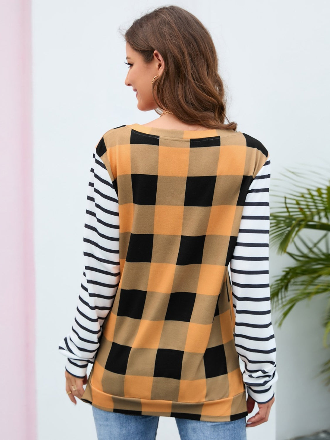 Plaid Striped Round Neck Long Sleeve T-Shirt-Angel Casuals