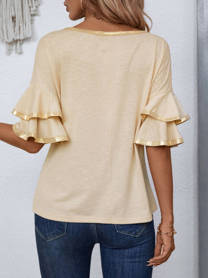 Round Neck Flounce Sleeve T-Shirt-Angel Casuals