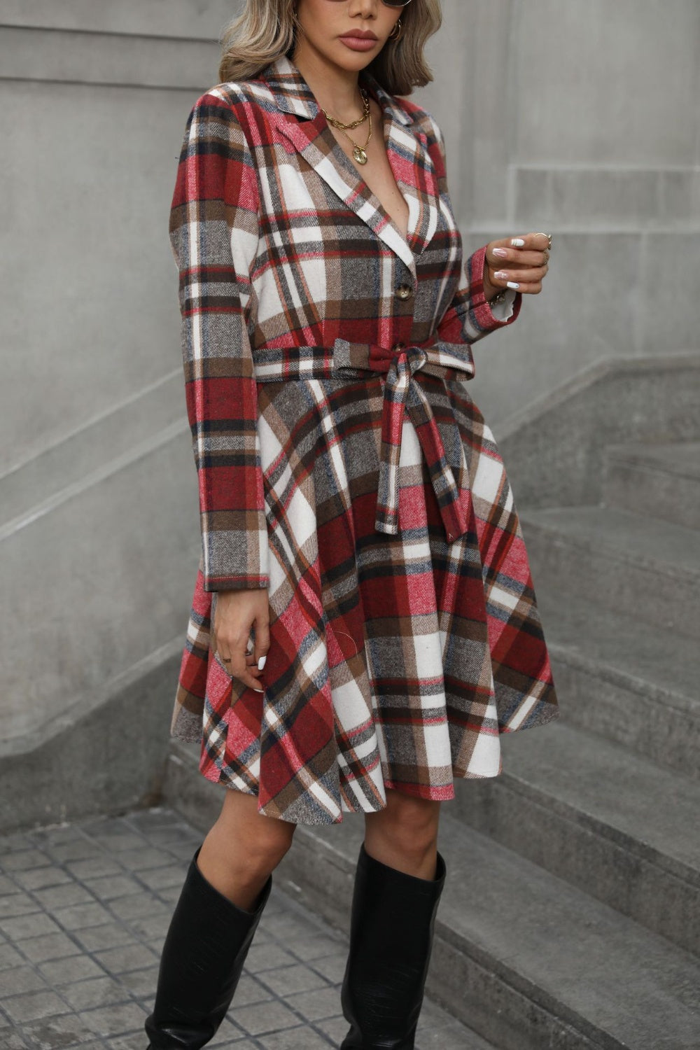 Plaid Tie Waist Long Sleeve Outerwear-Angel Casuals