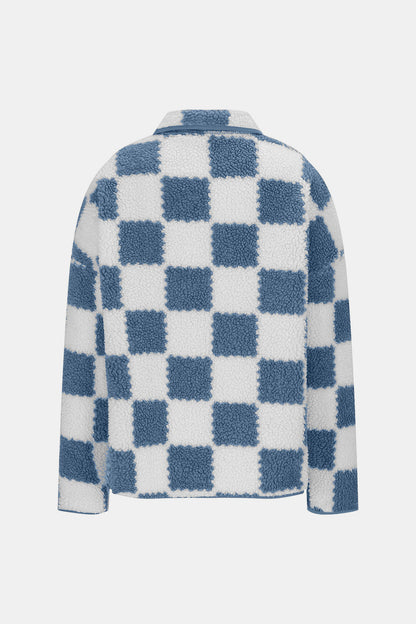 Checkered Snap Down Long Sleeve Teddy Jacket-Angel Casuals