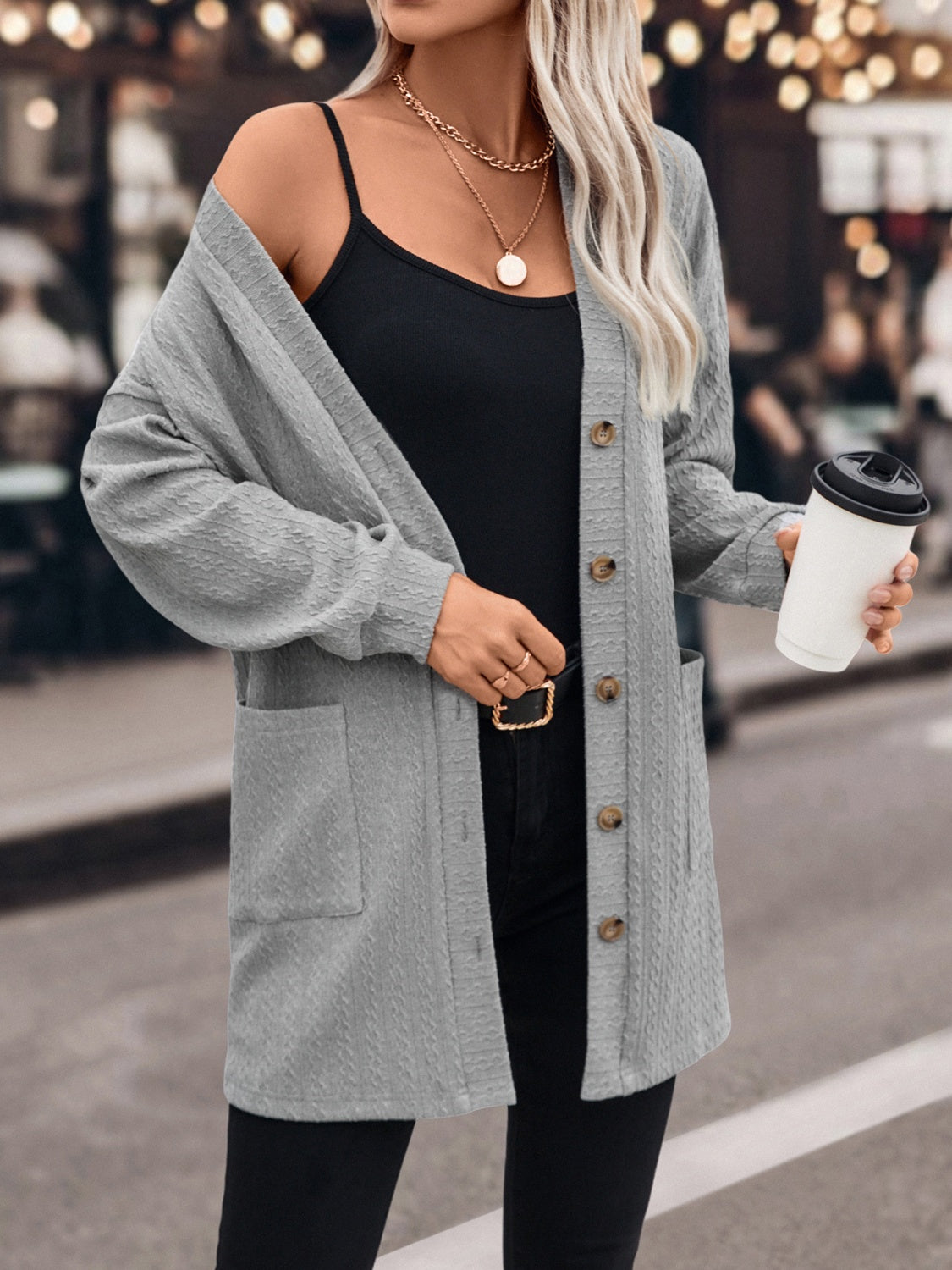 Textured Button Down V-Neck Long Sleeve Cardigan-Angel Casuals