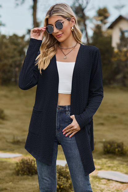 Cable-Knit Long Sleeve Cardigan with Pocket-Angel Casuals