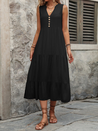 Decorative Button Notched Sleeveless Dress-Angel Casuals