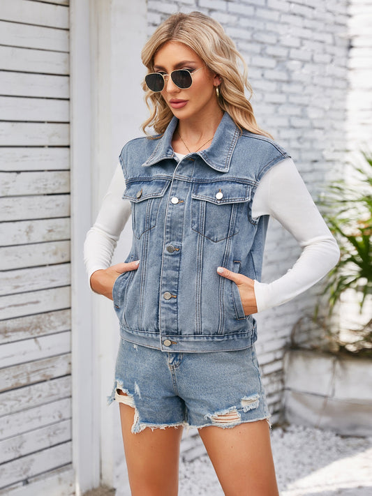Button Up Cap Sleeve Denim Jacket-Angel Casuals