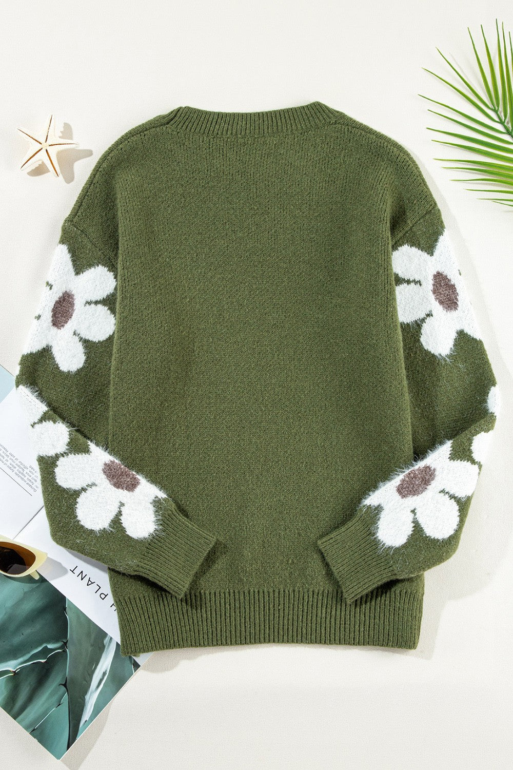 Flower Round Neck Long Sleeve Sweater-Angel Casuals
