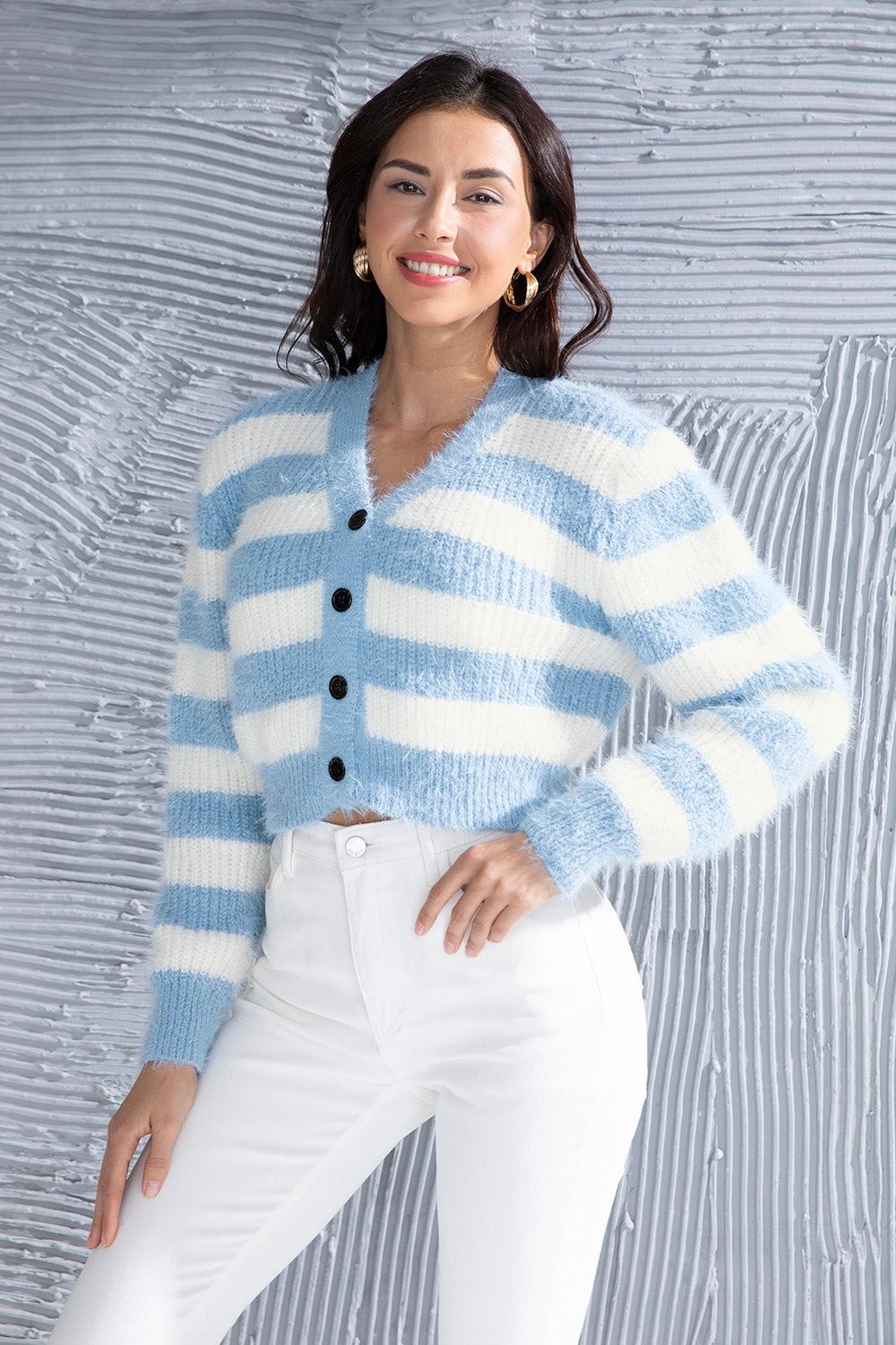 Striped Button Up Cropped Cardigan-Angel Casuals