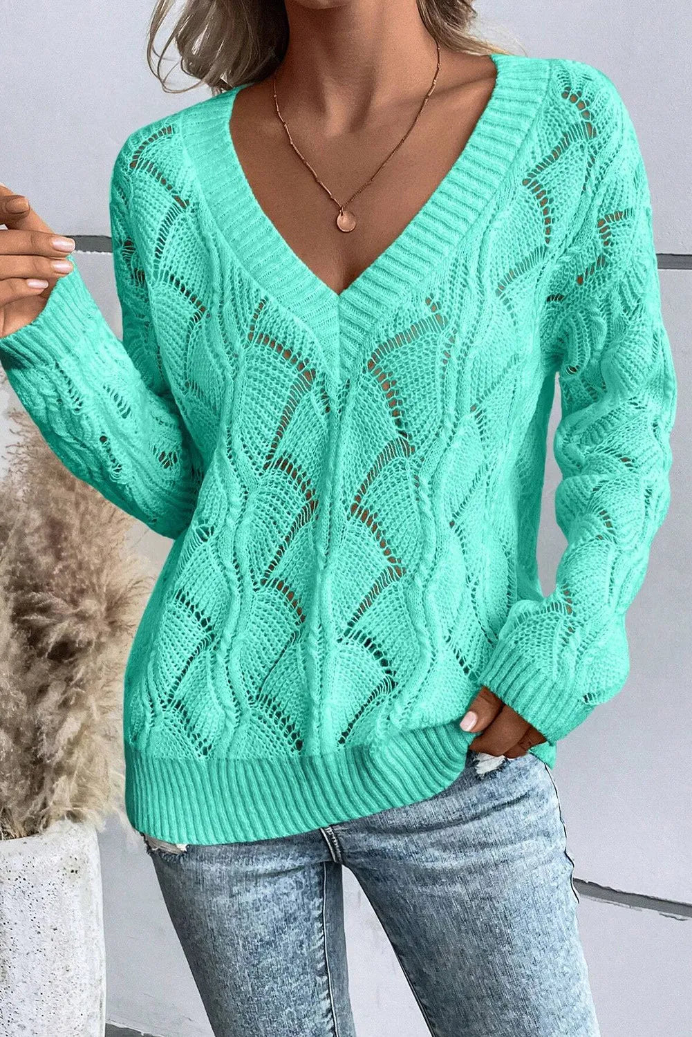 Openwork V-Neck Long Sleeve Sweater-Angel Casuals