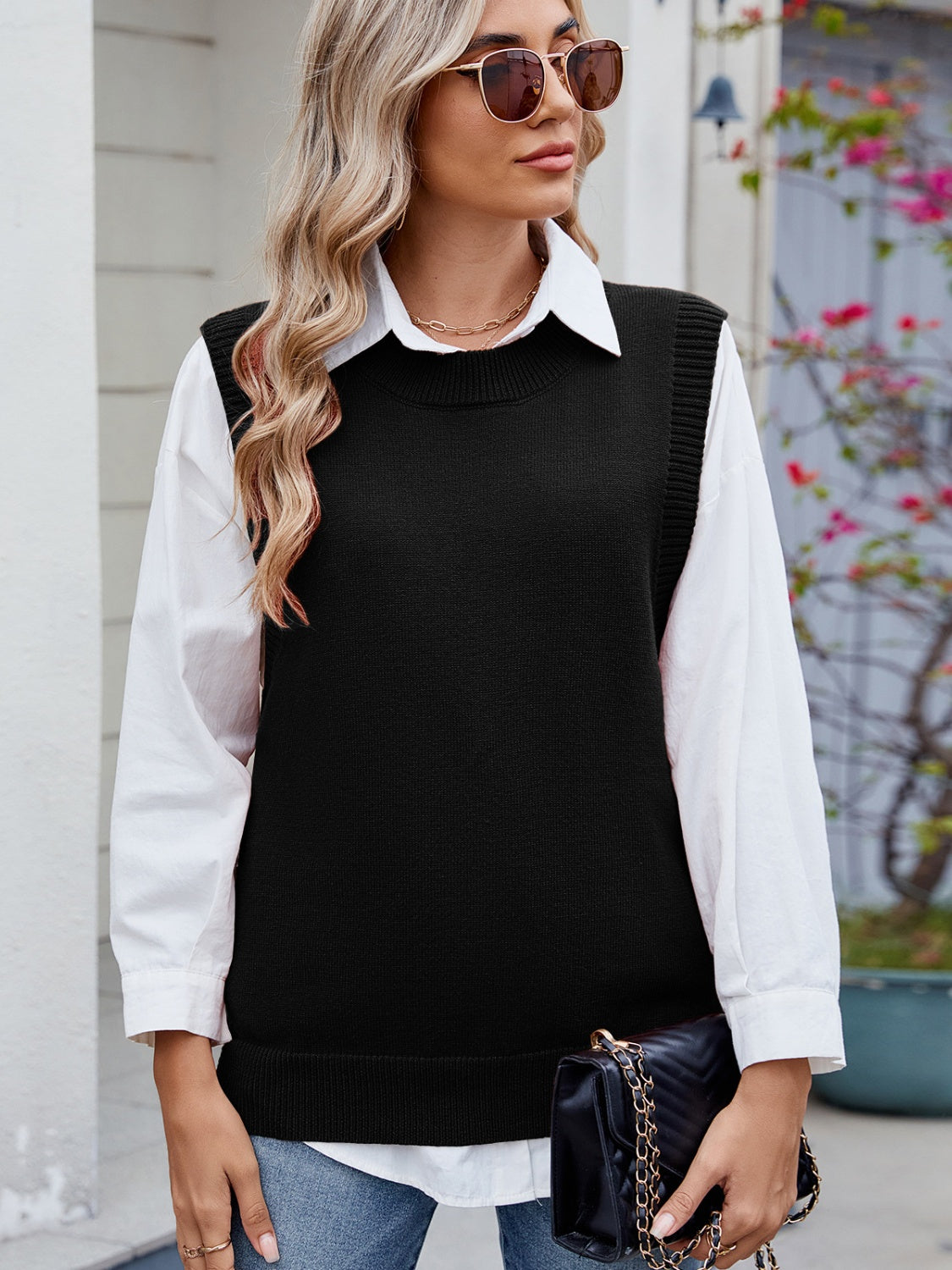 Buttoned Round Neck Sweater Vest-Angel Casuals