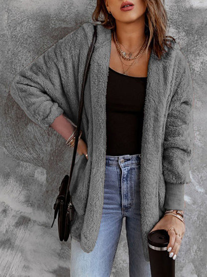 Open Front Hooded Faux Fur Outwear with Pockets-Angel Casuals